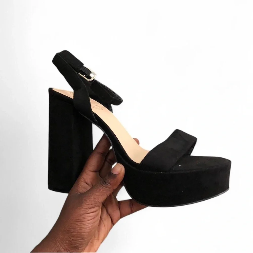 Whimsygoth Chunky Black Platform Sandal Block Heels Goth Faux Suede Prom Formal